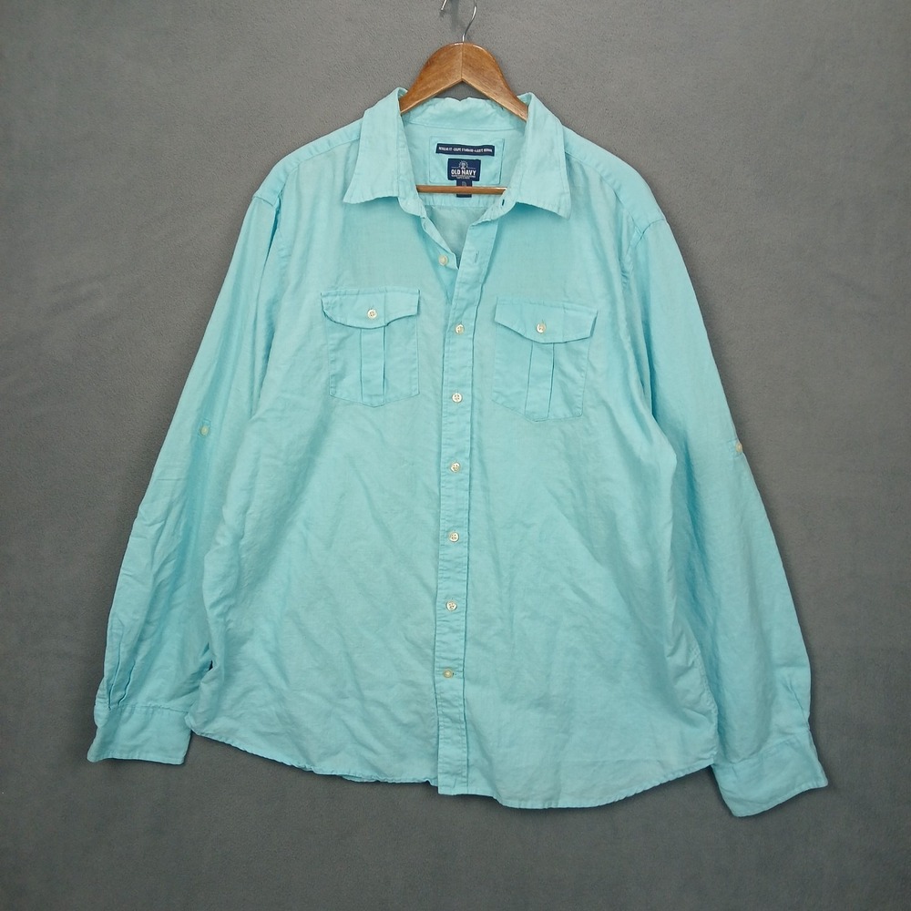 Old Navy Shirt Mens 2XL Aqua‎ Linen Classic Fit Curved Hem Button Up Casual